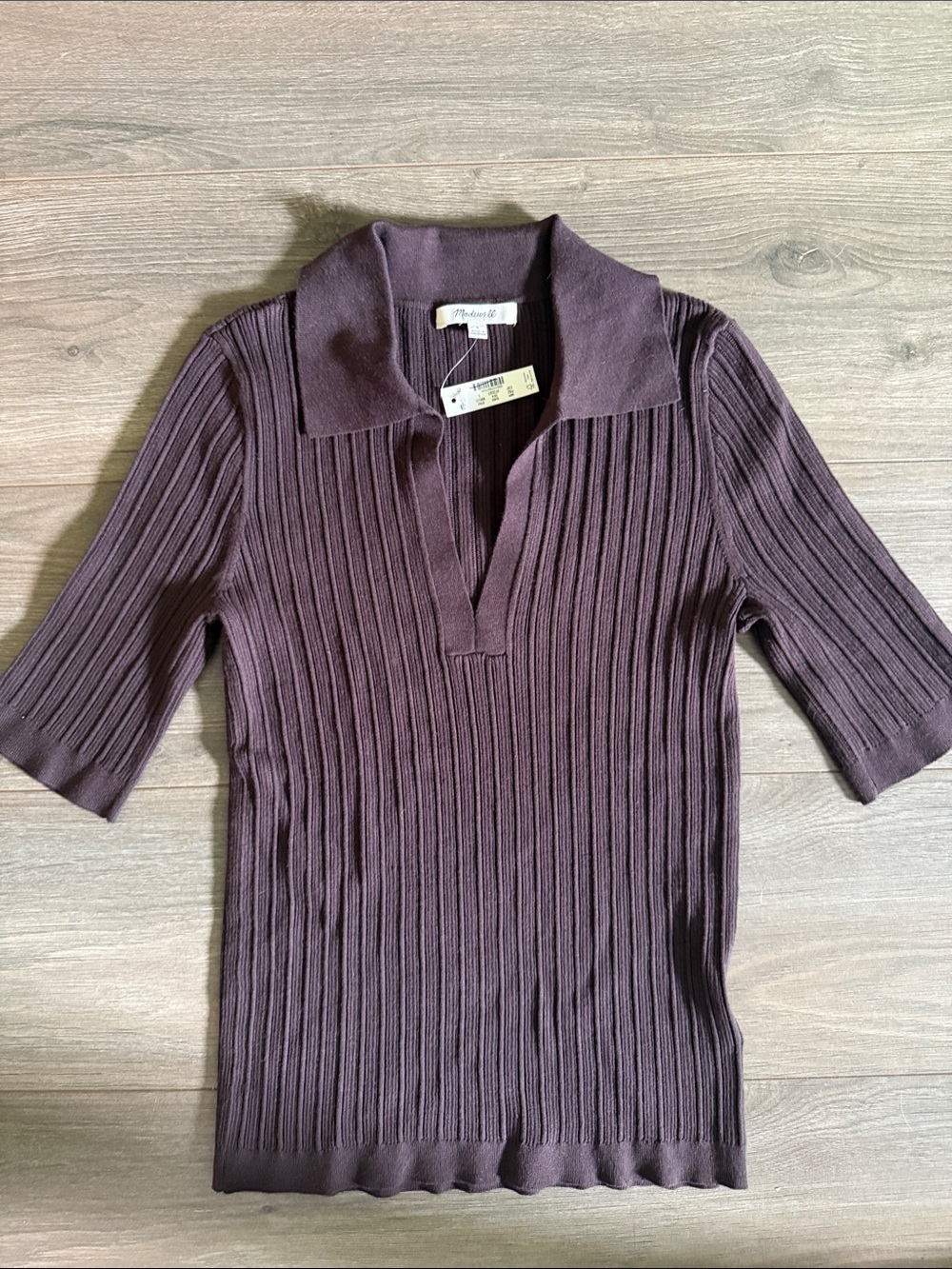 Madewell Plum Ribbed V-Neck Polo Sweater